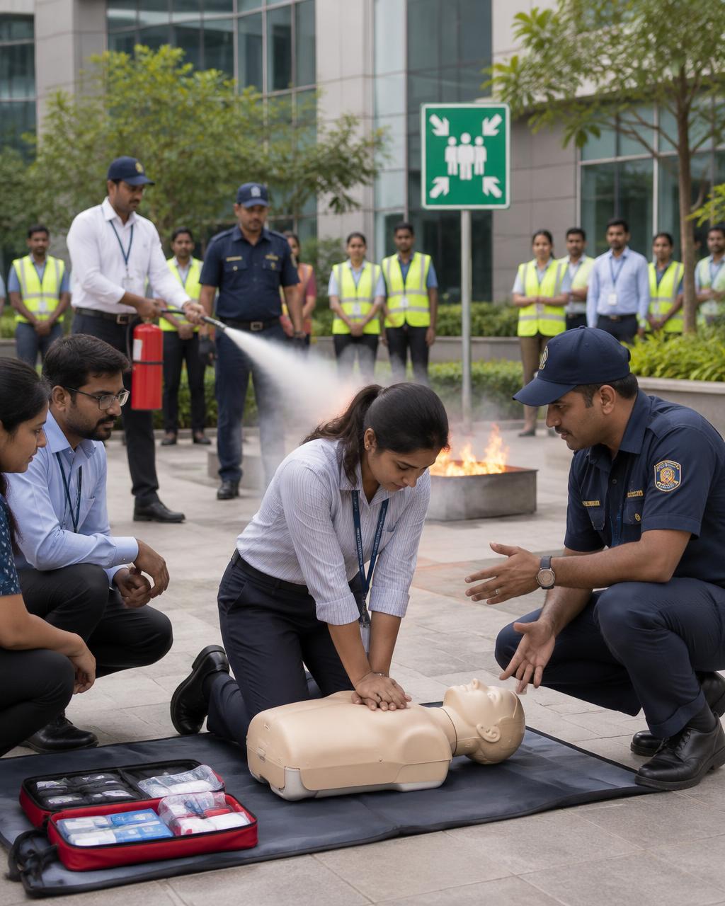 Staff practising CPR, first aid and fire extinguisher use during an emergency training session