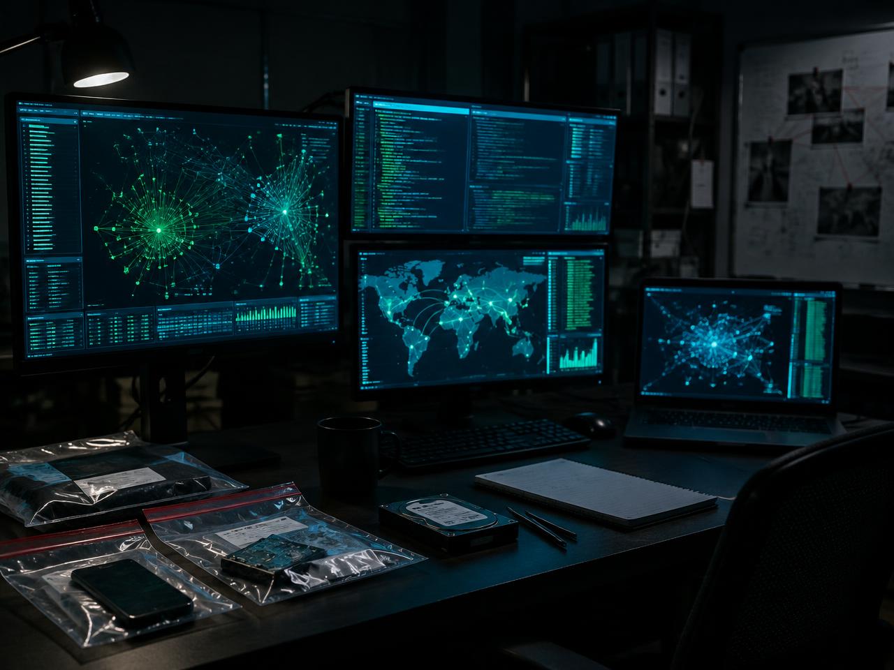 A digital forensics workstation with evidence bags on the desk