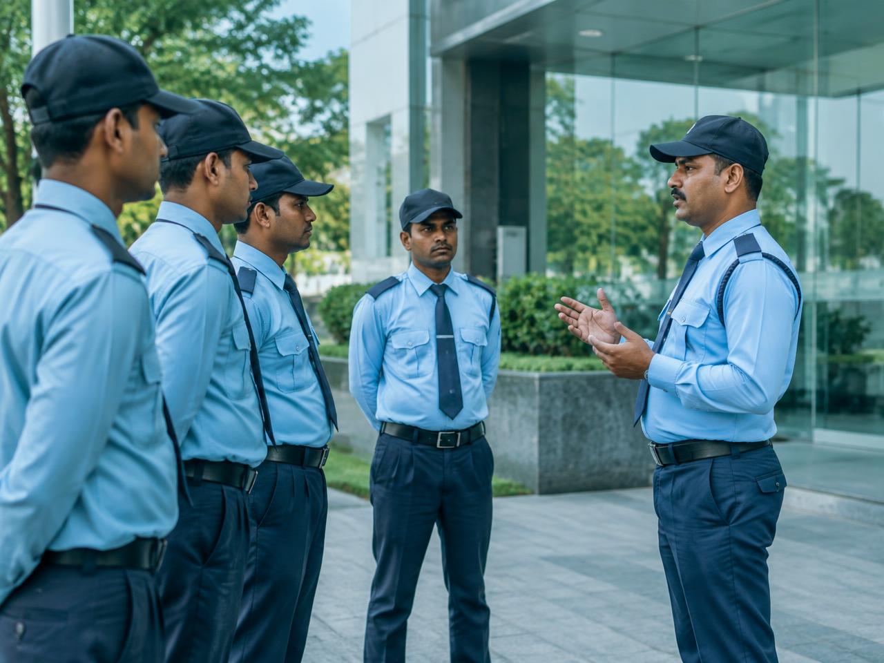 A Spectre Watch supervisor briefing a team of security officers at a site entrance